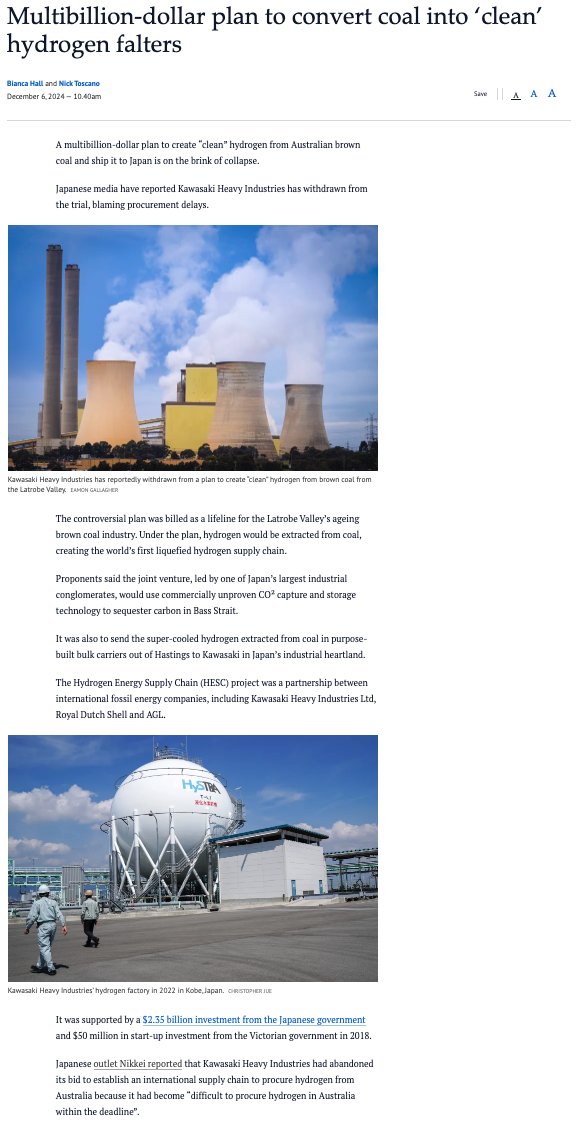 Today's #HydrogenSoufflé is brought to you by #Australia and #Japan. Kawasaki has pulled out of the #HESC consortium planning to ship liquid #hydrogen made from Latrobe Valley coal to Japan.

It was a bonkers plan from the start, obviously.

HT <a href="/rgmerk/">Robert Merkel</a>

linkedin.com/posts/mliebrei…