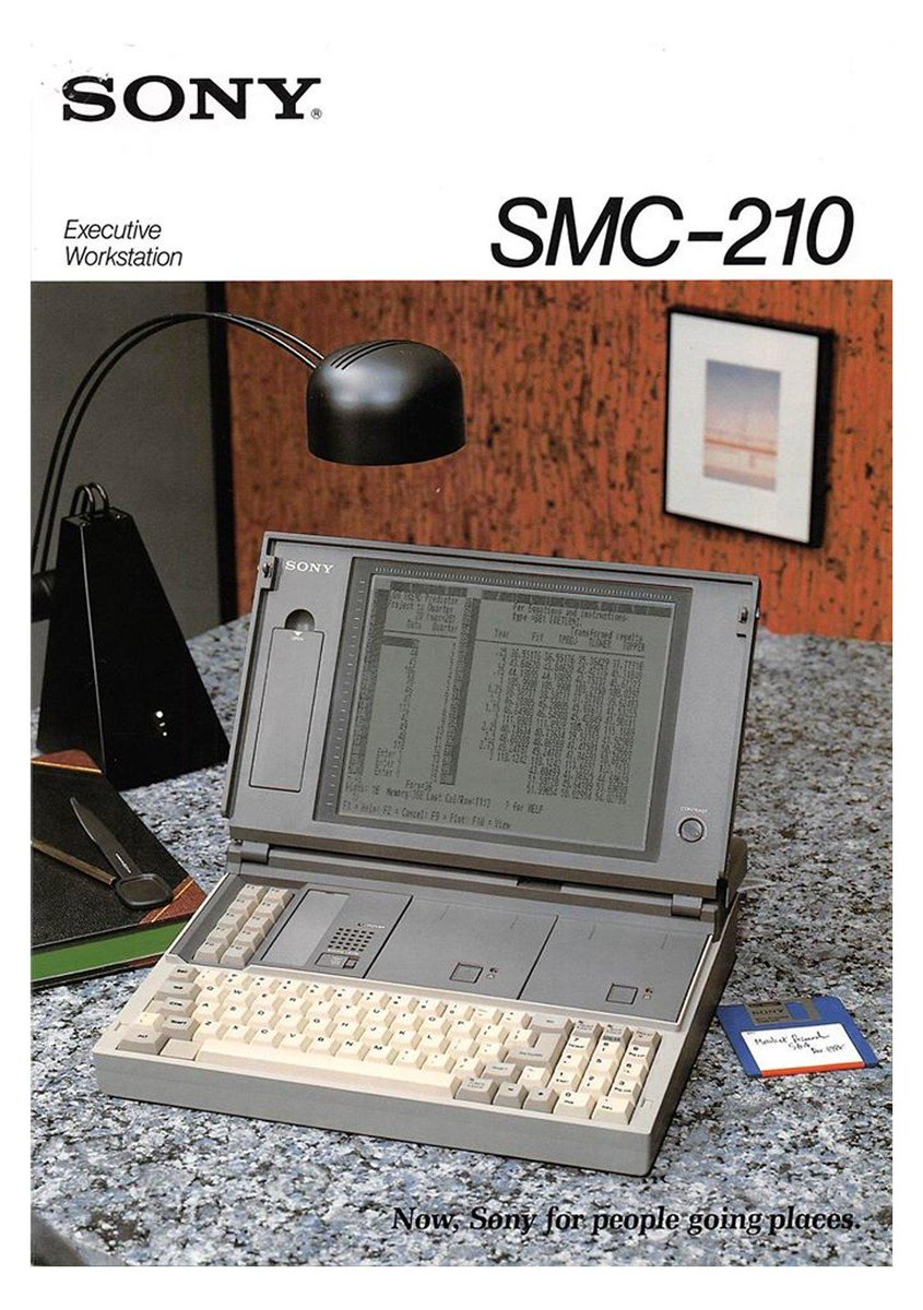 ObsoleteSony's tweet image. In 1986, Sony introduced the SMC-210, their first portable PC in the US. It was a 14 lbs IBM-PC compatible machine with two built-in 3.5&quot; FDDs and a 640 x 200 11.125-inch monochrome LCD screen.