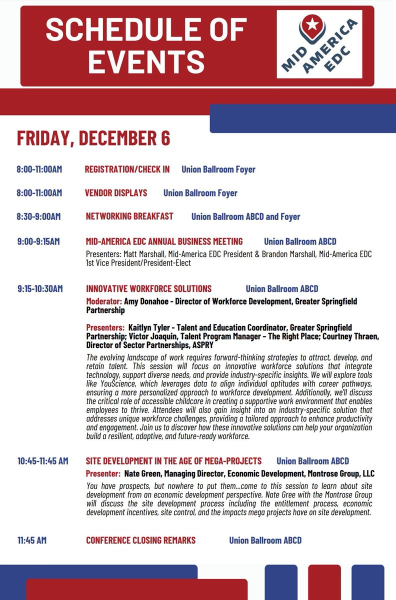 _MAEDC's tweet image. It&apos;s Fri-YAY! The final day of our 2024 #CompetitivenessConference! Thank you all for participating in Mid-America EDC&apos;s conference. We&apos;re so glad you could be here.

midamericaedc.org/events-and-pro…

#MidAmericaEDC #EconomicDevelopment