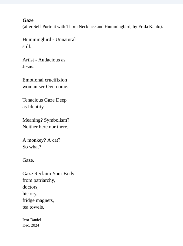 IvorDaniel's tweet image. For #PoemsAbout #SelfPortrait here is a poem    celebrating the life force of #FridaKahlo. 🖌️🔥
Thanks to @BrokenSpineArts @folkheartpress 
&amp;amp; @AlanParry83