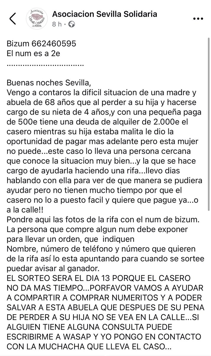 tatidroda's tweet photo. Hola amigos, estamos haciendo un sorteo para ayudar a una señora mayor a pagar parte de lo que debe de alquiler! 
En cuanto se haga la transferencia, se subirá el justificante. 
Si no podéis ayudar comprando un número a 2€ os pido que difundáis!  
Gracias!!! https://t.co/Ux7c7p9zHc
