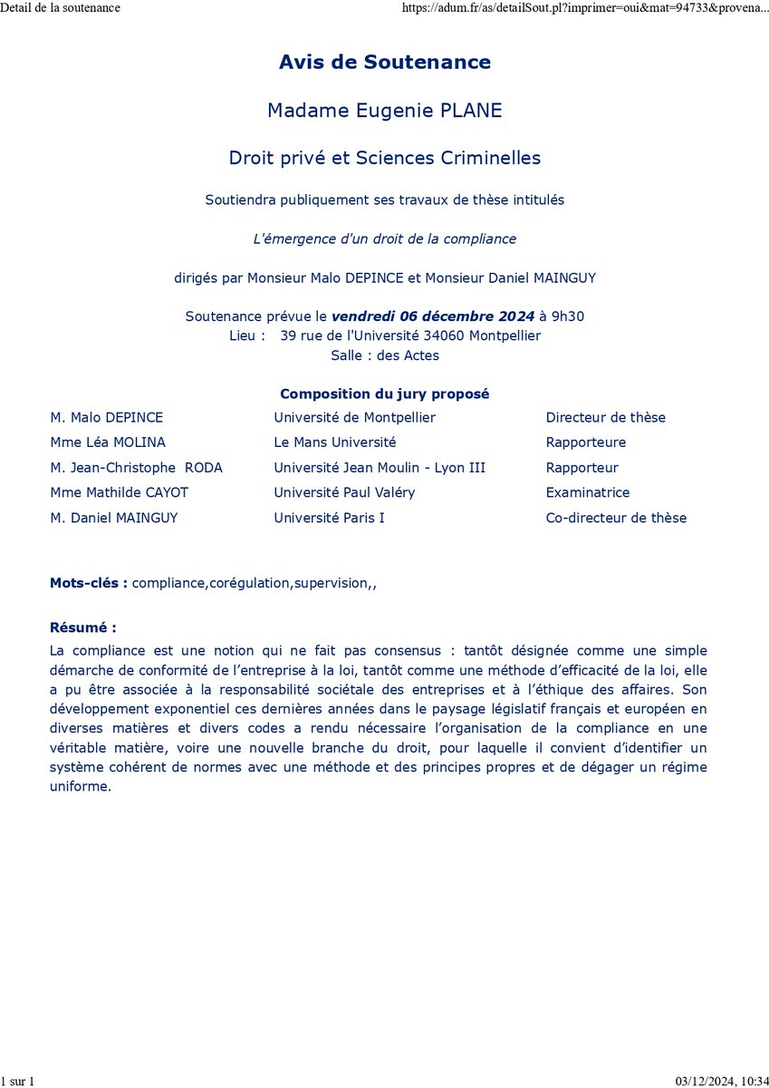 ED_DSP_UM's tweet photo. Soutenance en cours pour @PlaneEugenie du @LICeM_UM, devant un jury composé de Mme @mathildecayot et des Pr Léa Molina, Jean-Christophe Roda, @MaloDepince &amp; @DanielMainguy (co-directeurs de thèse). Ses travaux de recherche portent sur "L'émergence d'un droit de la compliance". https://t.co/3r3QTAYCDI