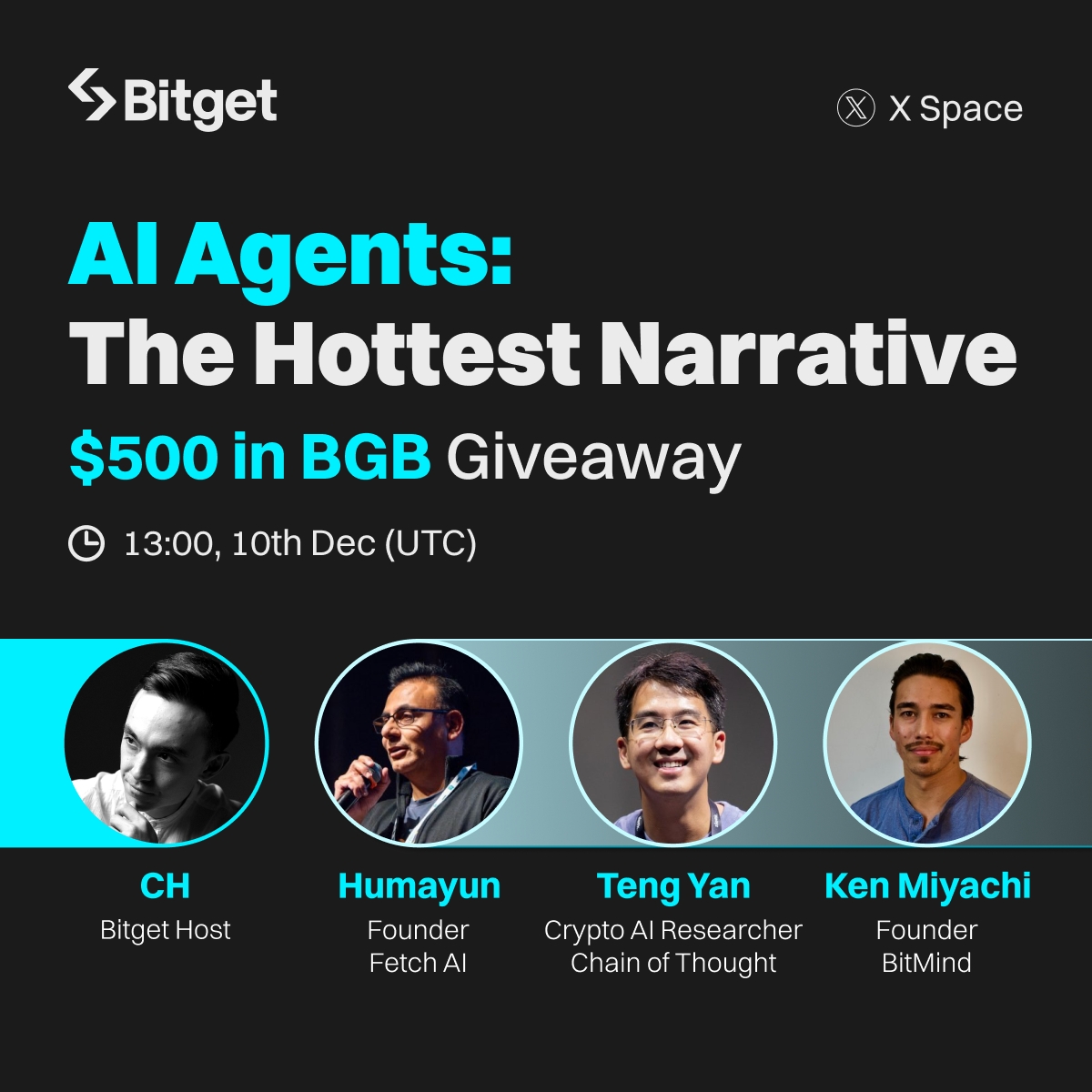 Join our upcoming X Space on one of the hottest topics right now: AI agents!

🎙️ Featuring: <a href="/HMsheikh4/">Humayun</a> <a href="/Fetch_ai/">Fetch.ai</a> | <a href="/0xPrismatic/">Teng Yan</a> | <a href="/kenjon/"></a> <a href="/BitMindAI/">BitMind | Bittensor Subnet 34 τ</a> | <a href="/ch_egan/">CH Egan</a>

💰 $500 in $BGB giveaway (10 winners) 
🔹 Follow &amp; RT 
🔹 Tune in: x.com/i/spaces/1ynKO…
🔹 Drop a screenshot