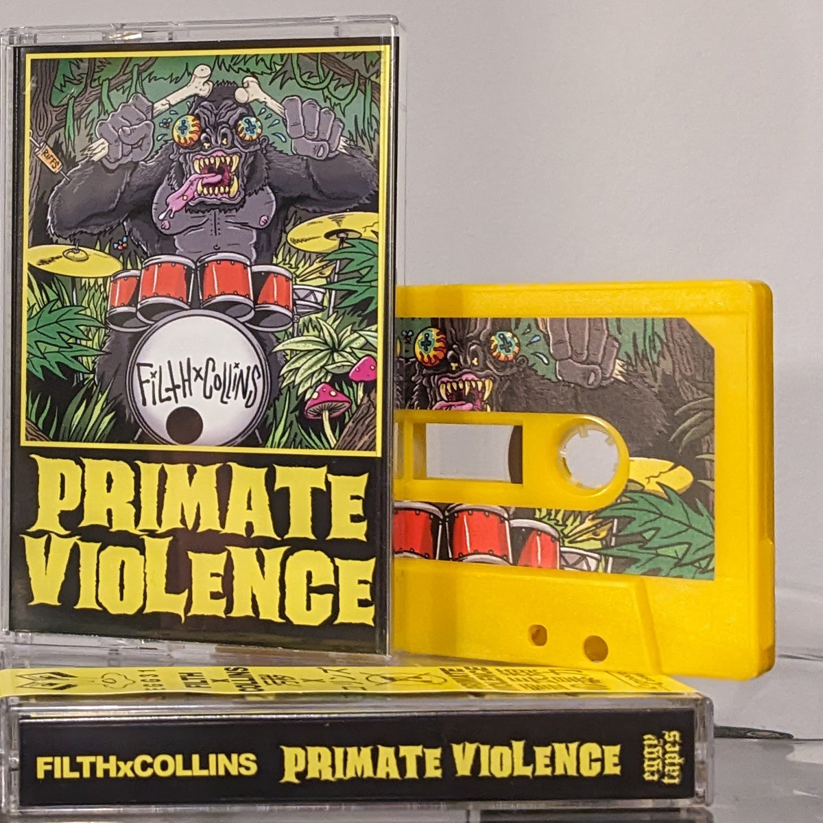 FILTHxCOLLINS's tweet photo. We've put our last remaining tape copies of Primate Violence &amp; 2017 demo up for Bandcamp Friday - these are sold out everywhere else &amp; won't be re-printed in these colours, so last chance to grab one!

We've still got some shirts and 7"s on there too: https://t.co/wY8favFmmq https://t.co/dsiWFNAXdA