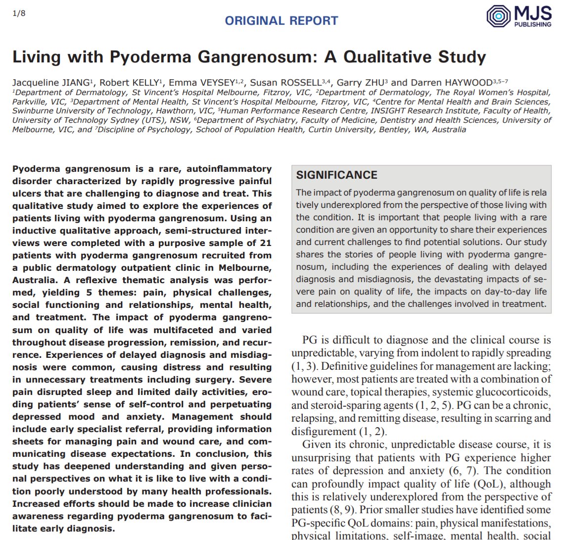 Dr. Darren Haywood (@darrenhaywood14) on Twitter photo Very proud of the work led by my research mentee Dr Jacqueline Jiang at @StVincentsMelb exploring the lived experience of those with #PyodermaGangrenosum. Important work in an often underserved population!
Open Access Link: medicaljournalssweden.se/actadv/article…
@StVHealthAust <a href="/UTS_SoSER/">UTS School of Sport, Exercise & Rehabilitation</a> Very proud of the work led by my research mentee Dr Jacqueline Jiang at @StVincentsMelb exploring the lived experience of those with #PyodermaGangrenosum. Important work in an often underserved population!
Open Access Link: medicaljournalssweden.se/actadv/article…
@StVHealthAust <a href="/UTS_SoSER/">UTS School of Sport, Exercise & Rehabilitation</a>