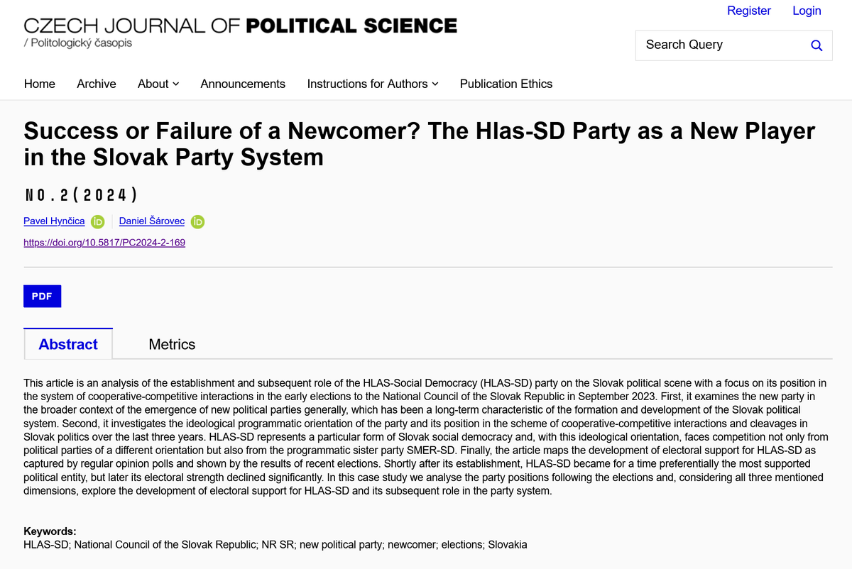 Náš kolega - Daniel Šárovec <a href="/DanielSarovec/">Daniel Šárovec</a>  - publikoval (spolu s Pavlem Hynčicou) článek "Success or Failure of a Newcomer? The  Hlas-SD Party as a New Player in the Slovak Party System" v  impaktovaném časopise Czech Journal of Political Science.  
czechpolsci.eu/article/view/3…