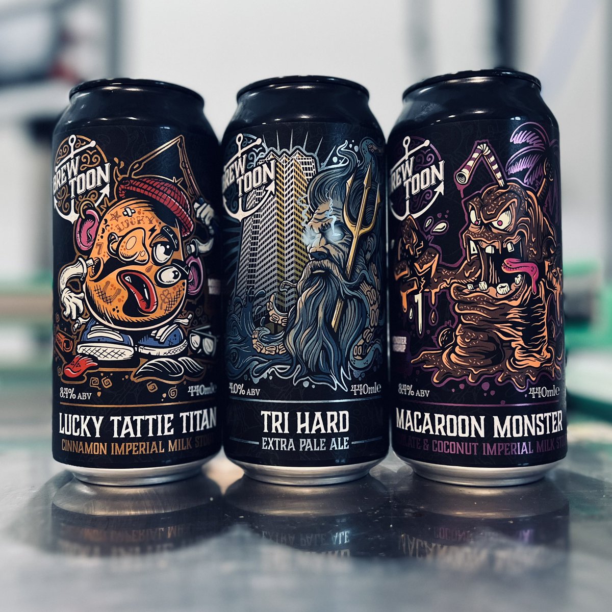 🚨 NEW BEERS OUT NOW! 🚨 

🥔 LUCKY TATTIE TITAN: 8.4% Cinnamon Coated Impy Milk Stout
🔱 TRI HARD: 4% Hazy Extra Pale Ale w/ trident, solero &amp; sabro hops
🥥 MACAROON MONSTER: 8.4% Coconut &amp; Chocolate Impy Milk Stout

Limited stock, grab em’ fast 💨🍻 

brewtoon.com/browse