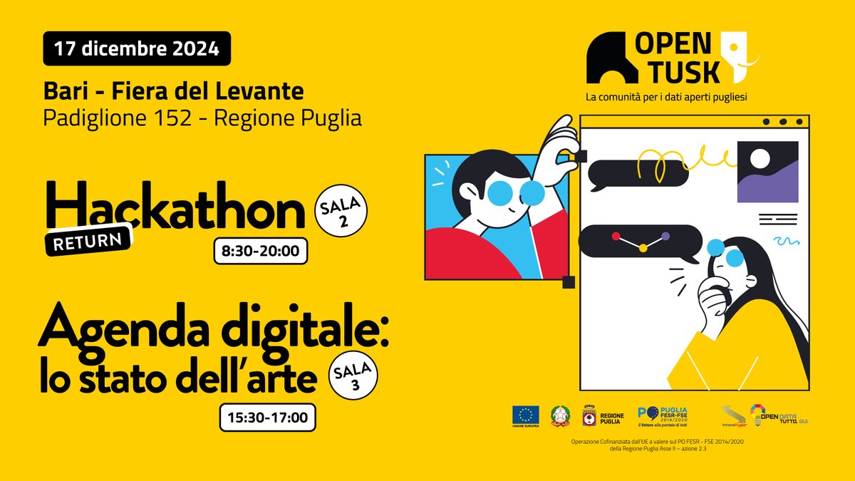 ...appassionati. In 100 creano app, web app, applicativi informatici e strumenti di storytelling per nuove opportunità economiche e per le decisioni di governo, locale e regionale.

📅 Scopri di più qui: dati.puglia.it/hackathon-2024

#Pugliadigitale2030 #Opentusk #OpenData