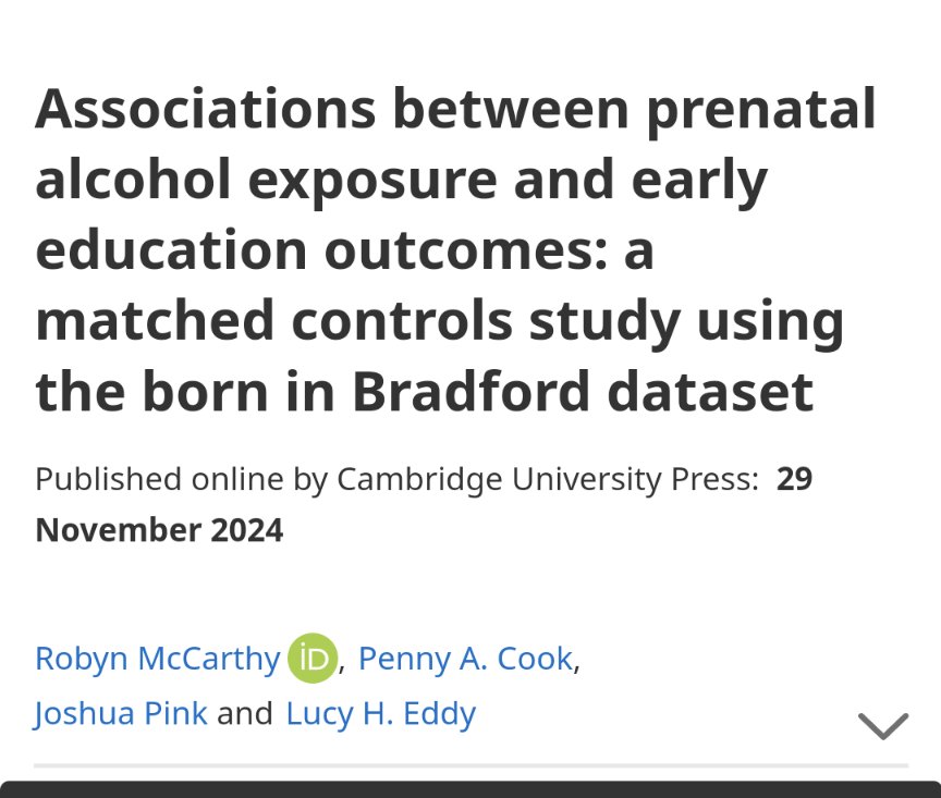Latest article-  looking at the impact of drinking in #pregnancy on child development at reception age. With some evidence of causality #FASD 
#alcohol #uk
cambridge.org/core/journals/…