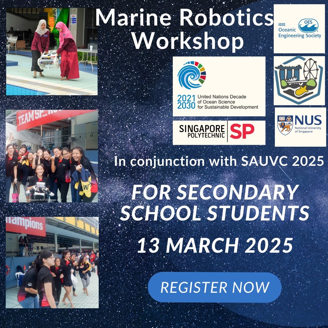 Secondary School Students!Join the Marine Robotics Workshop—a hands-on event focused on ocean sustainability and robotics, endorsed by the UN ‘the Ocean Decade’!Organized by  SP Polytechnic &amp; NUS, along with SAUVC.
Registrations are open forms.gle/EsMkJmSswveCCg 
<a href="/UNOceanDecade/">UN Ocean Decade</a>