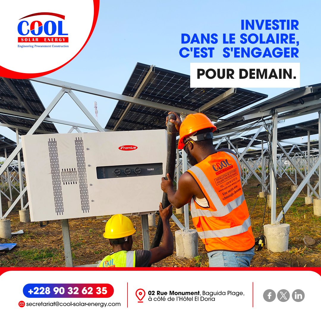 Investir dans l'énergie solaire, c'est construire un avenir durable 🌍☀️.Faites le choix de la qualité avec Cool Solar Energy ! 💡⚡
📍 02 Rue Monument, Baguida Plage, à côté de l’Hôtel El Doria
📞 +228 90 32 62 35
#coolsolarenergy 
#energierenouvelable
