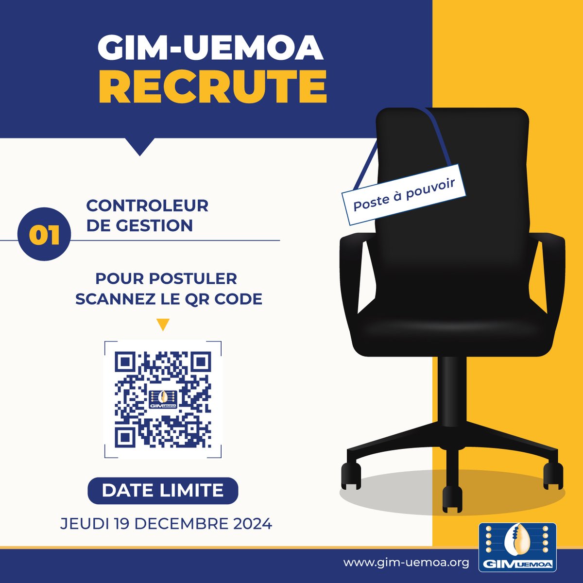 gimuemoa's tweet photo. 📣 Nous recrutons :
📍𝟎𝟏 𝐂𝐨𝐧𝐭𝐫𝐨̂𝐥𝐞𝐮𝐫 𝐝𝐞 𝐆𝐞𝐬𝐭𝐢𝐨𝐧 (𝐇/𝐅)

Postuler à partir de ce lien 👉🏾 https://t.co/PIyWk8UY8A

🚨 Dépôt de candidature : 𝐉𝐞𝐮𝐝𝐢 𝟏𝟗 𝐝𝐞́𝐜𝐞𝐦𝐛𝐫𝐞 𝟐𝟎𝟐𝟒

#GIMUEMOA
#recrutement
#ManagementController
#opportunity https://t.co/QfbIBUVe5i