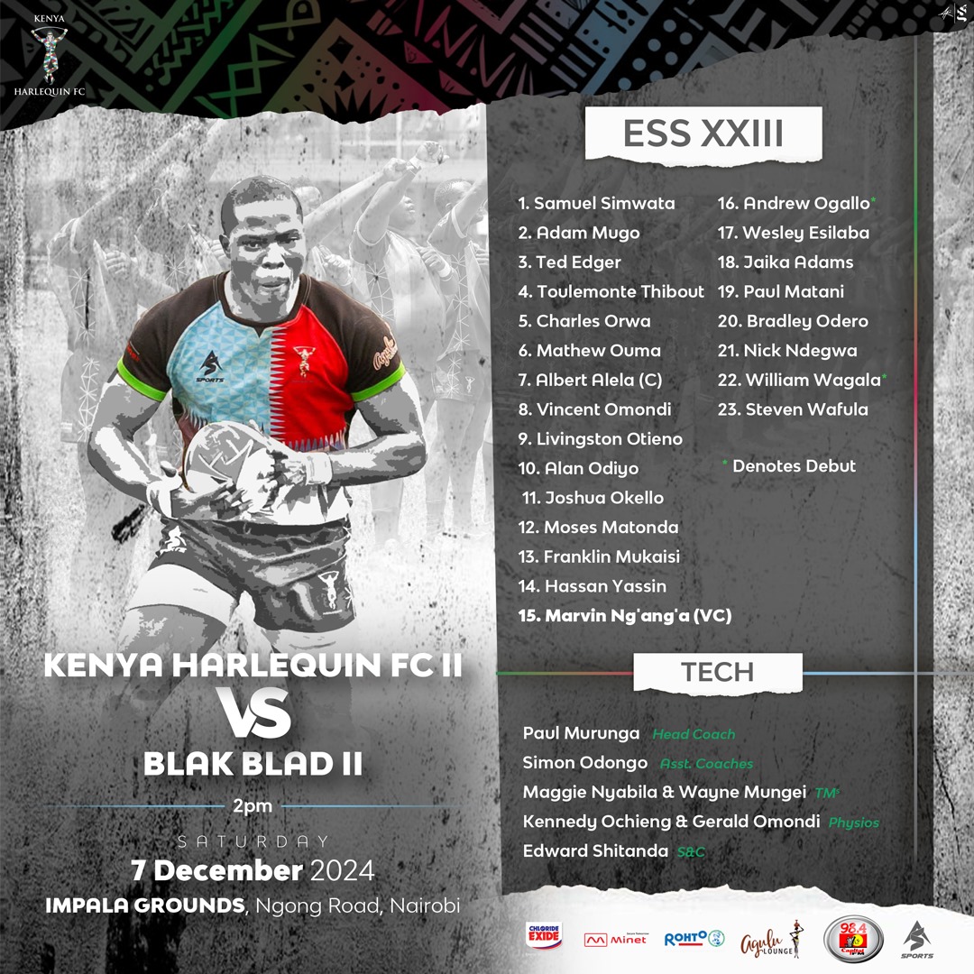 KenyaHarlequins's tweet photo. It’s all set for a thrilling showdown .Captain Sheldon Kahi leads the charge as Aduda and Onzere lock in starting spots.Rookie Ezra earns his Kenya Cup debut off the bench! Big guns Mavala ,Kwama and Onyiego are back for battle.

#nunquamdormio | #quinsculture | #sss | #coyq https://t.co/IeWOaP6zBy