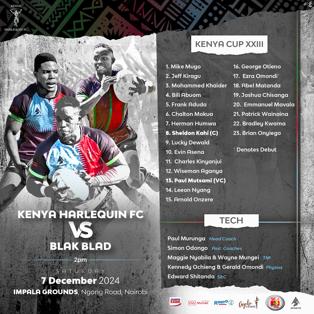 KenyaHarlequins's tweet photo. It’s all set for a thrilling showdown .Captain Sheldon Kahi leads the charge as Aduda and Onzere lock in starting spots.Rookie Ezra earns his Kenya Cup debut off the bench! Big guns Mavala ,Kwama and Onyiego are back for battle.

#nunquamdormio | #quinsculture | #sss | #coyq https://t.co/IeWOaP6zBy