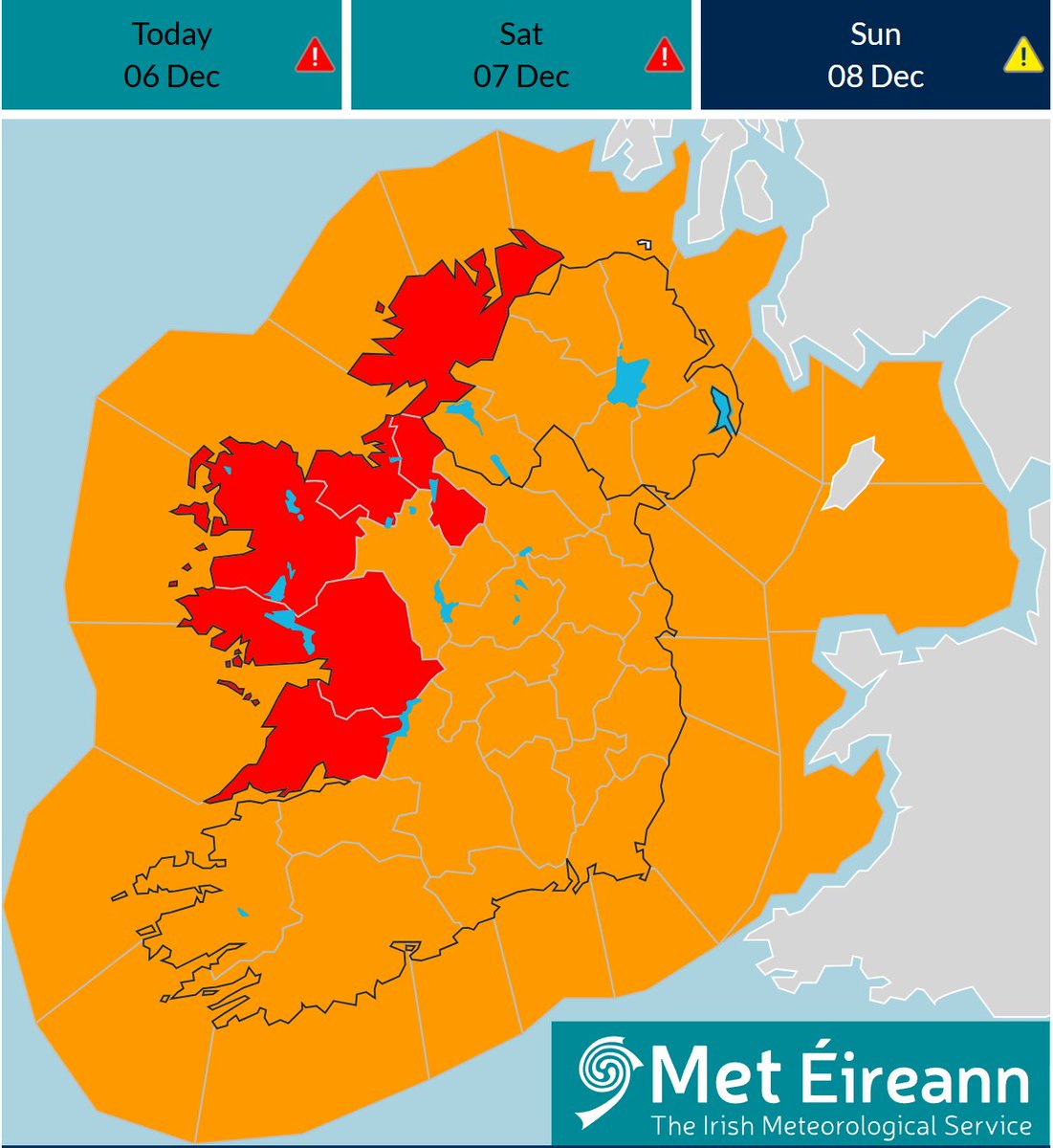 Status Red ⚠️

Wind warning for Mayo
Valid: 22:00 Fri 06/12 to 03:00 Sat 07/12

Wind warning for Clare, Galway
Valid: 22:00 Fri 06/12 to 02:00 Sat 07/12

Wind warning for Donegal, Leitrim, Sligo
Valid: 23:00 Fri 06/12 to 03:00 Sat 07/12

met.ie

#StormDarragh