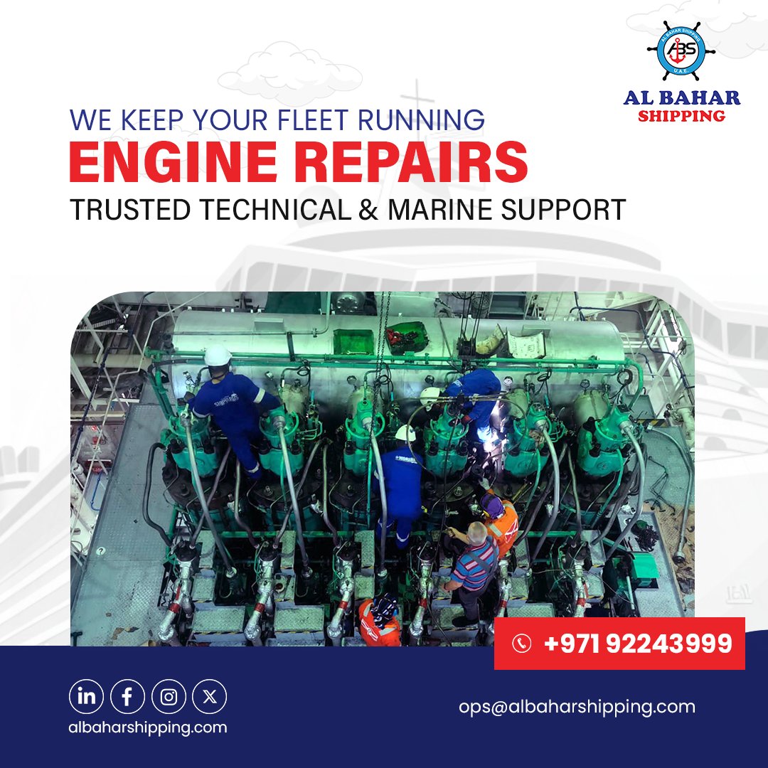 Albahar_Marine's tweet image. Your fleet's engine is the heart of your operations, and we ensure it stays in top shape. At Al Bahar Shipping, we provide trusted technical support for engine repairs, ensuring minimal downtime and maximum efficiency. #EngineRepairs #MarineServices #FleetMaintenance #ShipSupport