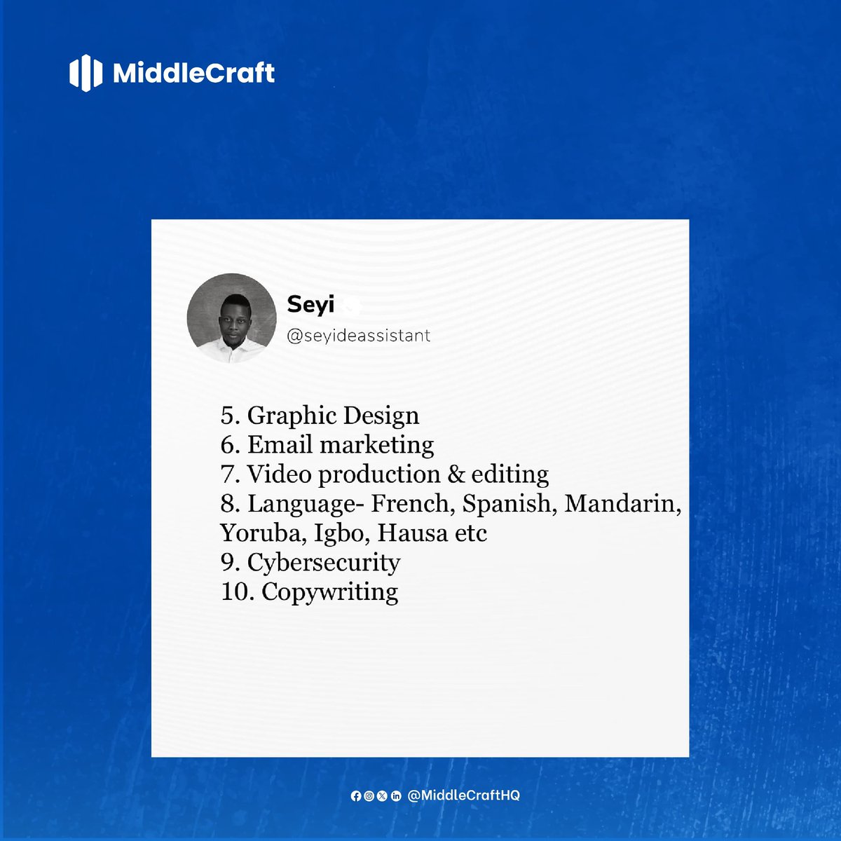 MiddleCraftHQ's tweet photo. How many digital marketing skillsets do you see in @seyideassistant's post?

Drop in the comment section.

Don't forget to take advantage of the early bird 30% discount for the third cohort of our BootCamp. 

Sign up here now: https://t.co/tMJ7ROdH08 https://t.co/6bA1QtH1pi