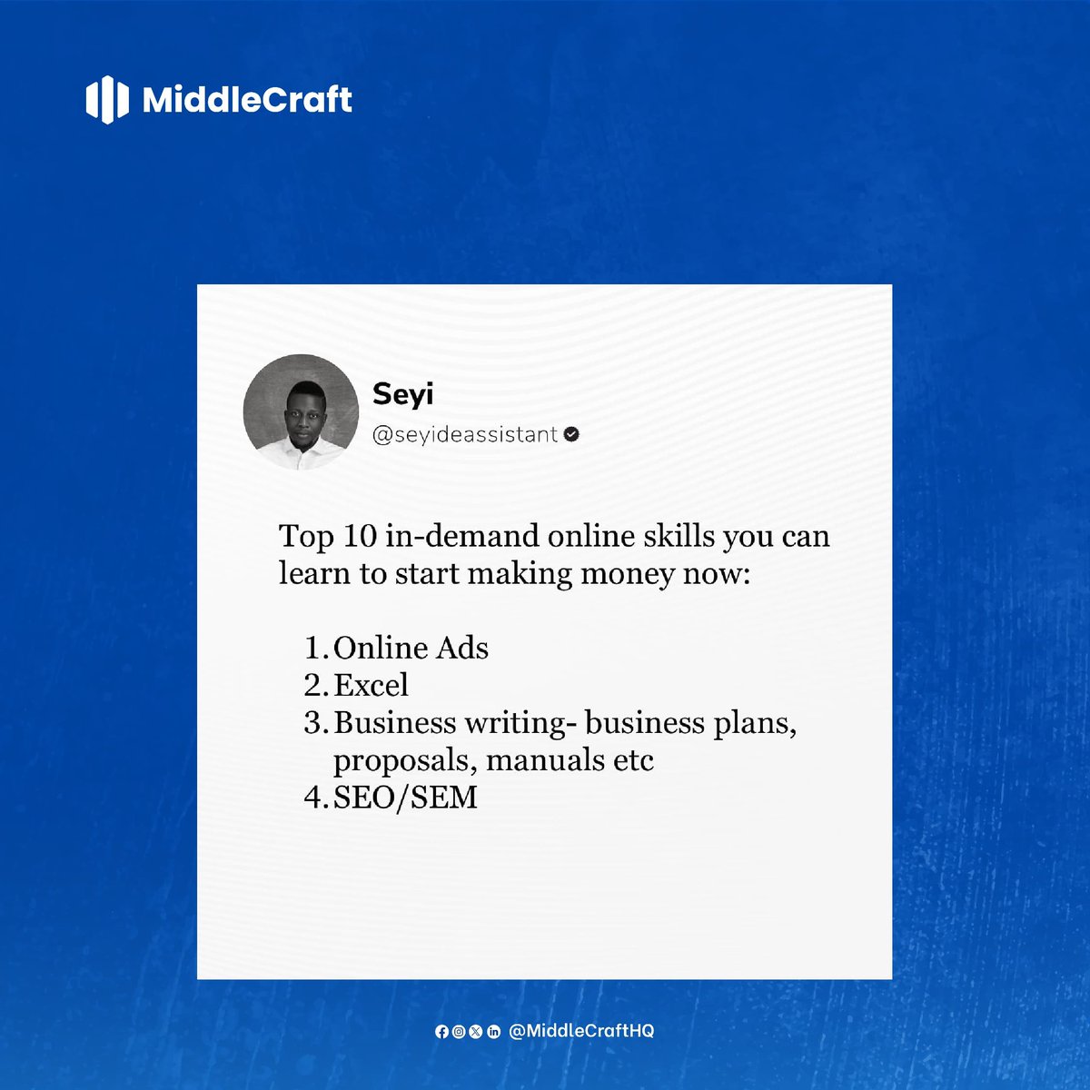 MiddleCraftHQ's tweet photo. How many digital marketing skillsets do you see in @seyideassistant's post?

Drop in the comment section.

Don't forget to take advantage of the early bird 30% discount for the third cohort of our BootCamp. 

Sign up here now: https://t.co/tMJ7ROdH08 https://t.co/6bA1QtH1pi