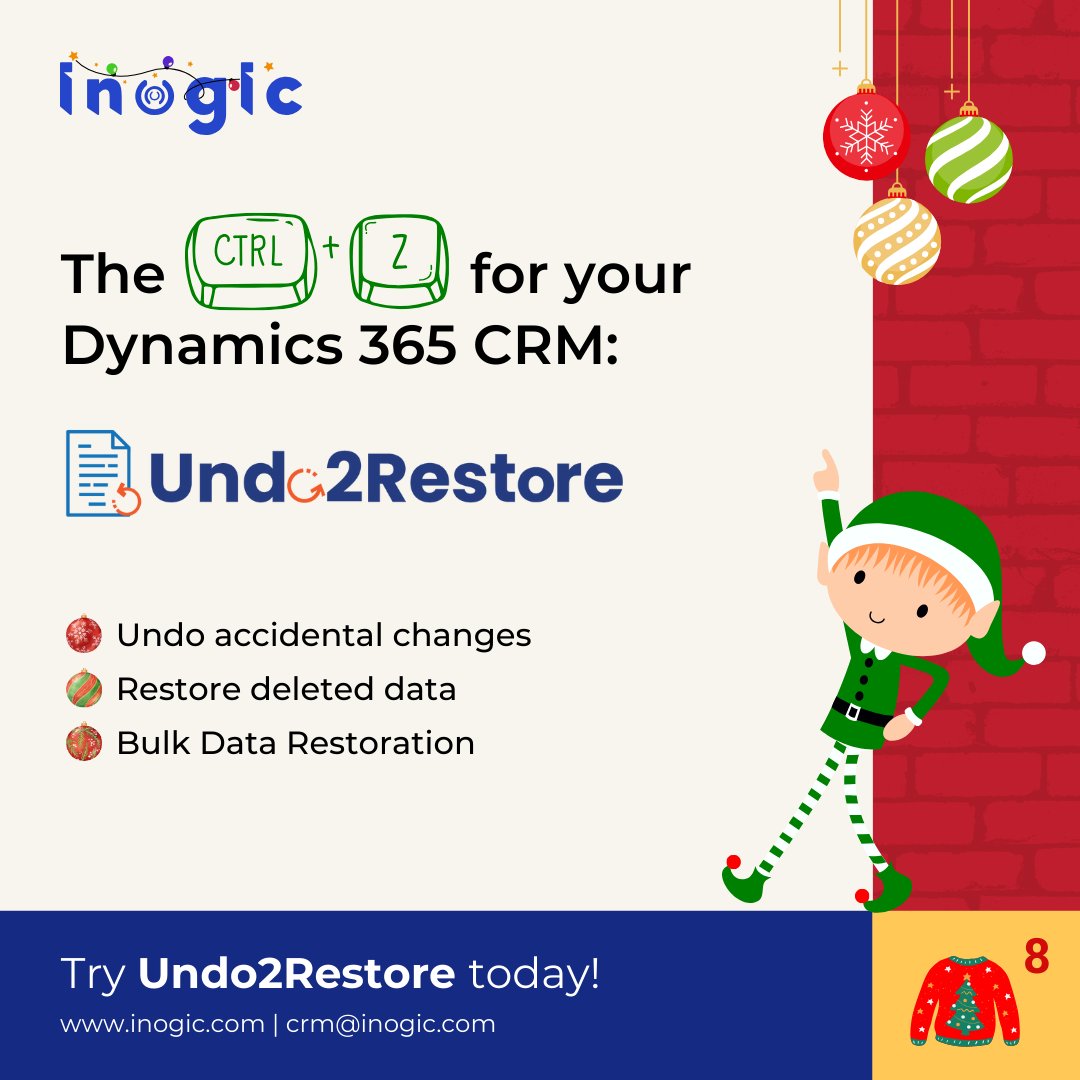 inogic's tweet image. #AdventWithInogic #advent #day8

❓ Lost data or accidental changes in your CRM?
🎯 Meet Undo2Restore: The Ctrl + Z for Dynamics 365 CRM
💡  One-click restore &amp;amp; undo for seamless recovery when mistakes happen.
✨ Explore more: inogic.com
#Undo2Restore #DataRecovery