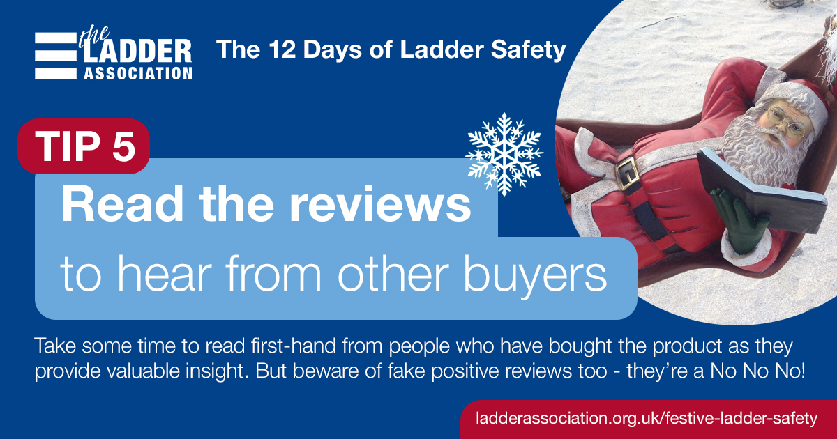 📣 Tip 5 of 12 - Read the product reviews to hear from other buyers!
This festive season we’re reminding you to take extra care when buying ladders online with our ‘12 Days of Ladder Safety’ top tips! Here’s our advice: ecs.page.link/VX15L 
#festiveladdersafety