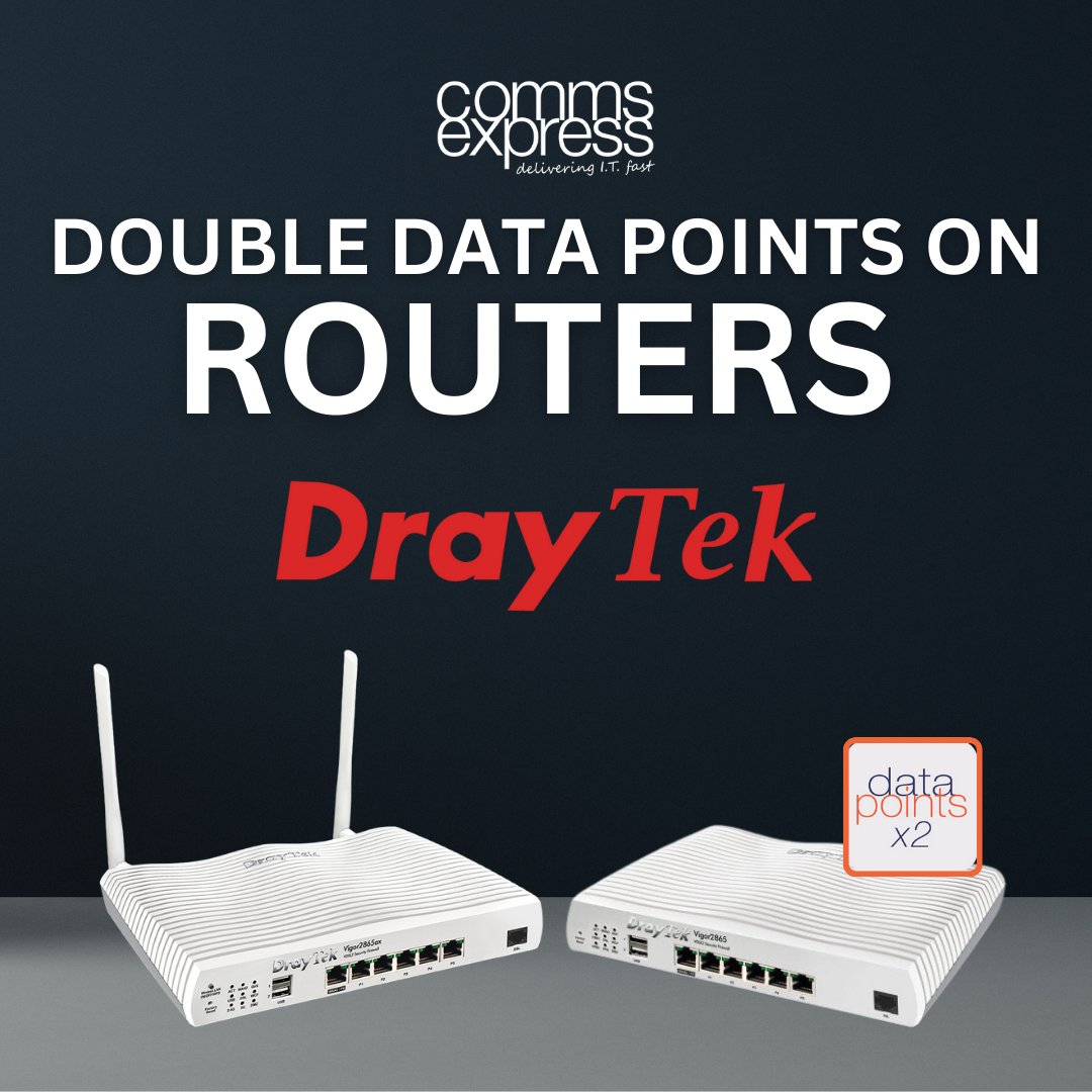 CommsExpress's tweet photo. Double Data Points on DrayTek Routers available now!
DrayTek feature advanced routing, firewall, content filtering, bandwidth management and more - everything you need to secure your network to a high standard.
#CommsExpress #DrayTek #DoubleDataPoints https://t.co/8uQkyNweer