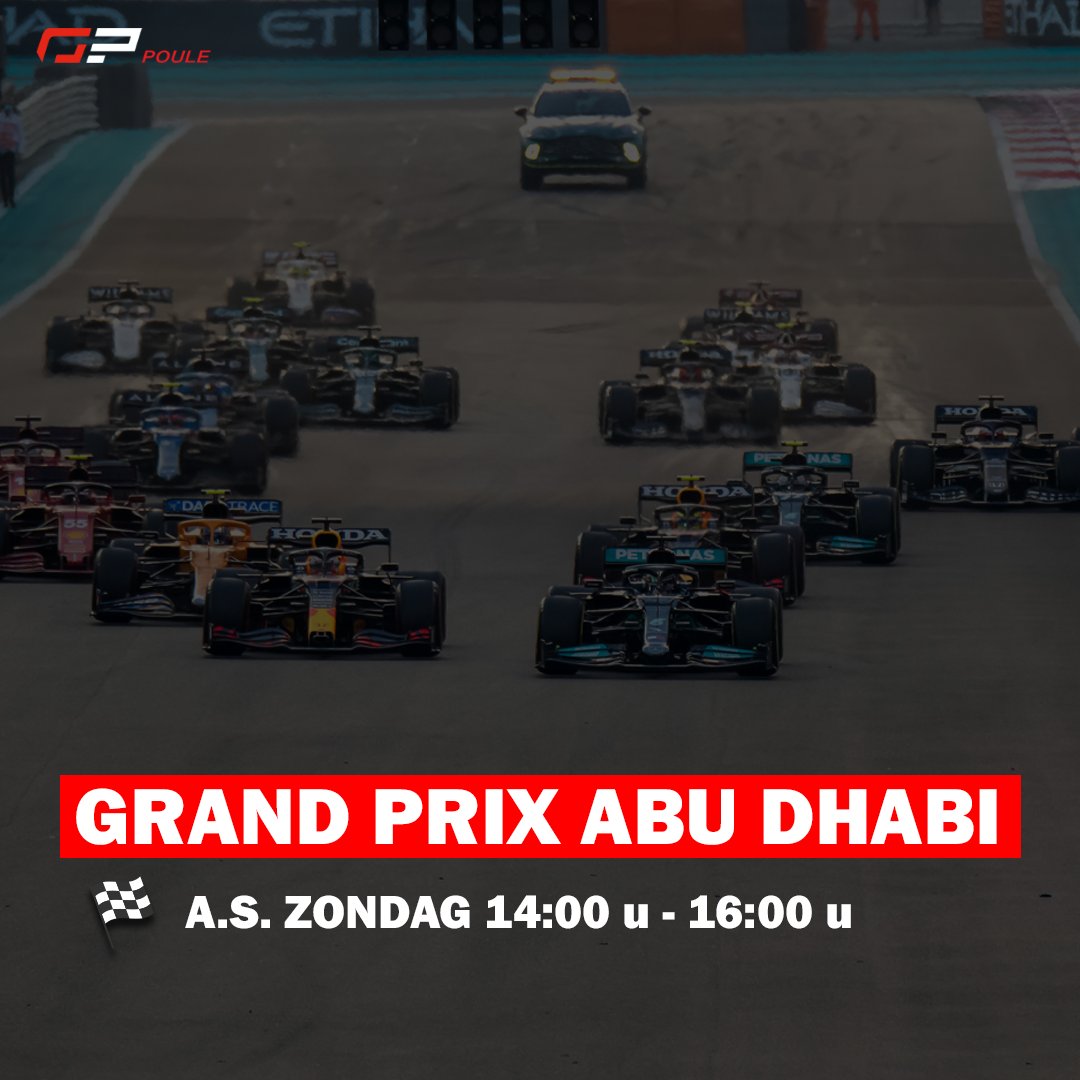 GpPoule's tweet photo. Tijd voor Abu Dhabi! 🇦🇪 

✅ Check het tijdschema van de GP hieronder:
VT1 vrijdag 6 dec | 10:30 - 11:30 u
VT2 vrijdag 6 dec | 14:00 - 15:00 u
VT3 zaterdag 7 dec | 11:30 - 12:30 u
Q zaterdag 7 dec | 15:00 - 16:00 u
Race zondag 8 dec | 14:00 u

#AbuDhabiGP #F1 https://t.co/vHDMdGTuqD