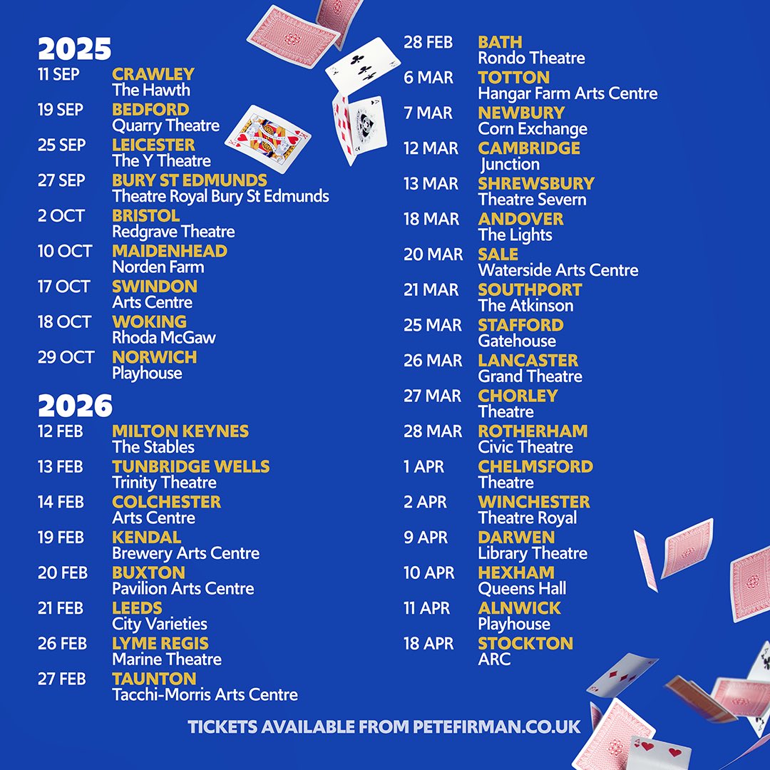 🎟️TICKETS NOW ON SALE!🎟️
Can’t wait for you to see this new show. Impossible feats, sleight of hand and big laughs. Come along for Tricks &amp; Giggles!
👉 petefirman.co.uk/live