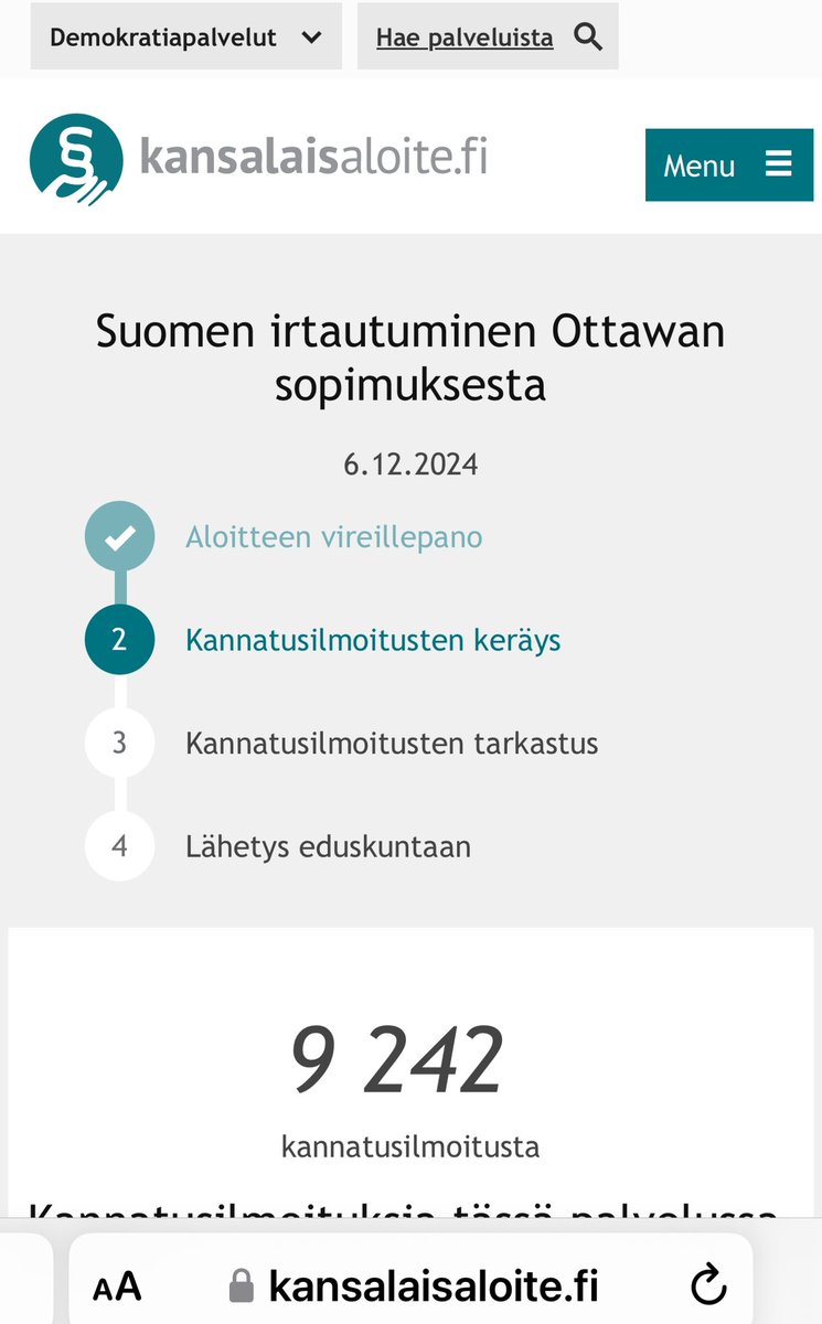 Ei, tämä ei ole mikään hopealuoti.

Myös ne korvaavat aseet ja paljon päällekin tarvitaan, jotta puolustuksemme on kunnossa.

Mutta tämä on askel oikeaan suuntaan.

Ja kansalaisaloitteen allekirjoitus on viesti tahtotilasta turvata maamme vapaus.

Si vis pacem, para bellum. 🇫🇮