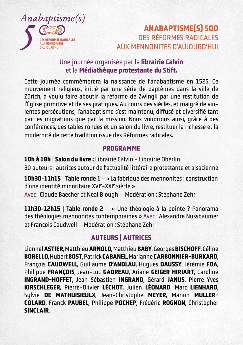 🔴Avec la Médiathèque protestante du #Stift, nous organisons un magnifique Salon/Journée commémorative : Protest'en livres⭐️⭐️✨

📍Strasbourg, 29 mars 2025
📚30 auteurs-autrices
🎙️2 tables rondes et une conférence autour des 500ans de l'#anabaptisme
📷Expo photo #MexicoMennonite