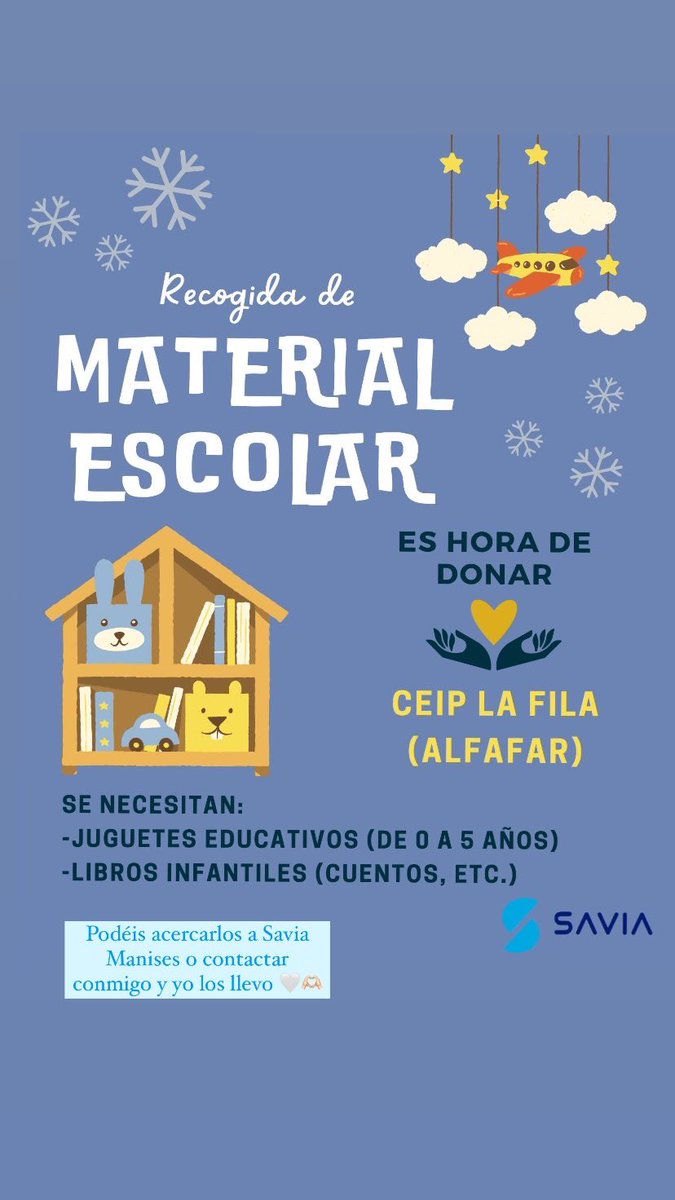 Fatisindes's tweet photo. Desde la residencia Savia Manises estamos recogiendo juguetes y material INFANTIL para un cole afectado por la DANA en Alfafar (CEIP La Fila). Si lo compartís sería de gran ayuda! Podéis dejar el material en la propia residencia o dármelo a mí 💙 gracias! #DANA #valencia #alfafar https://t.co/jqnKVXn34W