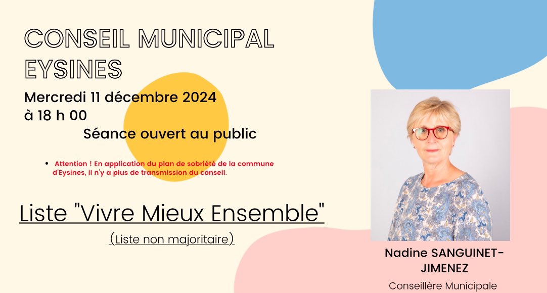 njimenez33's tweet photo. Eysines
Le prochain Conseil Municipal se tiendra le : Mercredi 11 décembre 2024
À partir de 18 h.
#eysines #vivremieuxensemble 
@followers https://t.co/Ulc1ozyStF