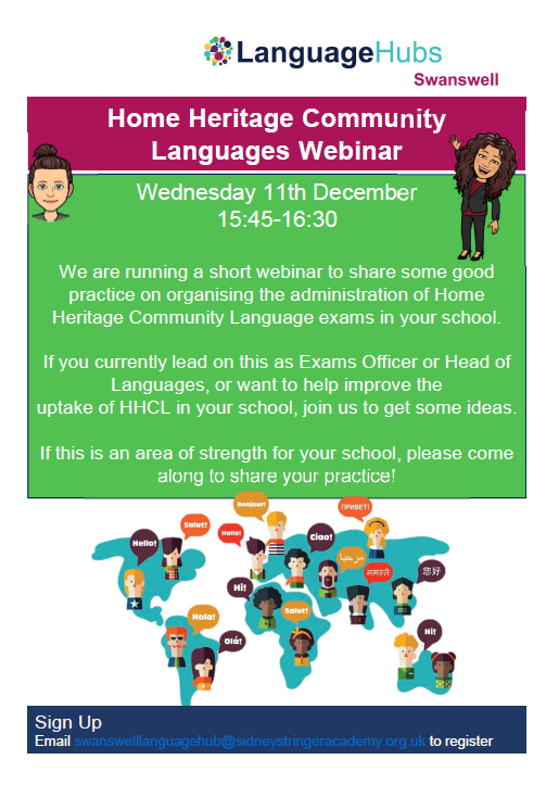 SwanswellNCLE's tweet photo. If you are an #examsofficer or #headofmfl and want to share some best practice around managing Home Heritage Community Languages, join us for our webinar on Wednesday. Email swanswelllanguagehub@sidneystringeracademy.org.uk to book a space. 🌍💻 @ncle_ioe #mfltwitterati https://t.co/B6ICwNtke8