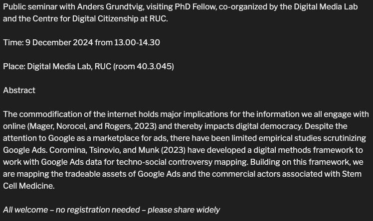 Digital Media Lab (@medialabruc) on Twitter photo Join us Monday! <a href="/GrundtvigAnders/">Anders Grundtvig</a> will give a talk in the <a href="/medialabRUC/">Digital Media Lab</a> on "The Digital Marketplace of Google – Commodifying Online Attention to Sell Cells" 💸 Join us Monday! <a href="/GrundtvigAnders/">Anders Grundtvig</a> will give a talk in the <a href="/medialabRUC/">Digital Media Lab</a> on "The Digital Marketplace of Google – Commodifying Online Attention to Sell Cells" 💸