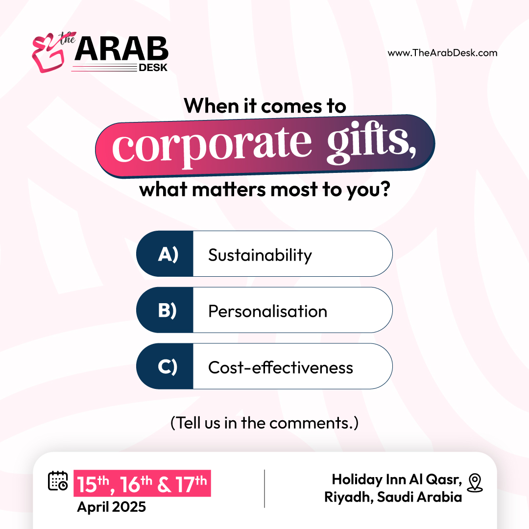 thearabdesk's tweet photo. Corporate gifting is all about meaningful connections. What matters most to you? Sustainability, Personalization, or Cost-effectiveness? Share your thoughts in the comments and join the conversation! 

#TheArabDesk #Vision2030 #Riyadh #SaudiArabia https://t.co/4eUkLIlPyt