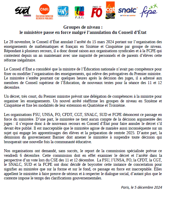 Groupes de niveau : tous les syndicats opposés au passage en force du ministère aujourd'hui : la complicité de la technostructure avec le gvt de droite s'affiche