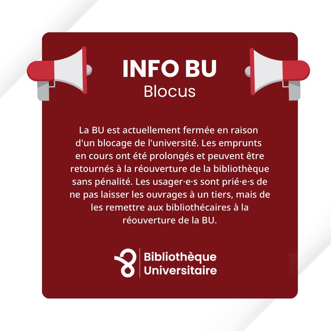 / INFO BU / 
🚨Un blocage de l’université est en cours. La bibliothèque sera donc fermée pour la journée. Merci de votre compréhension.

#buparis8 #univparis8