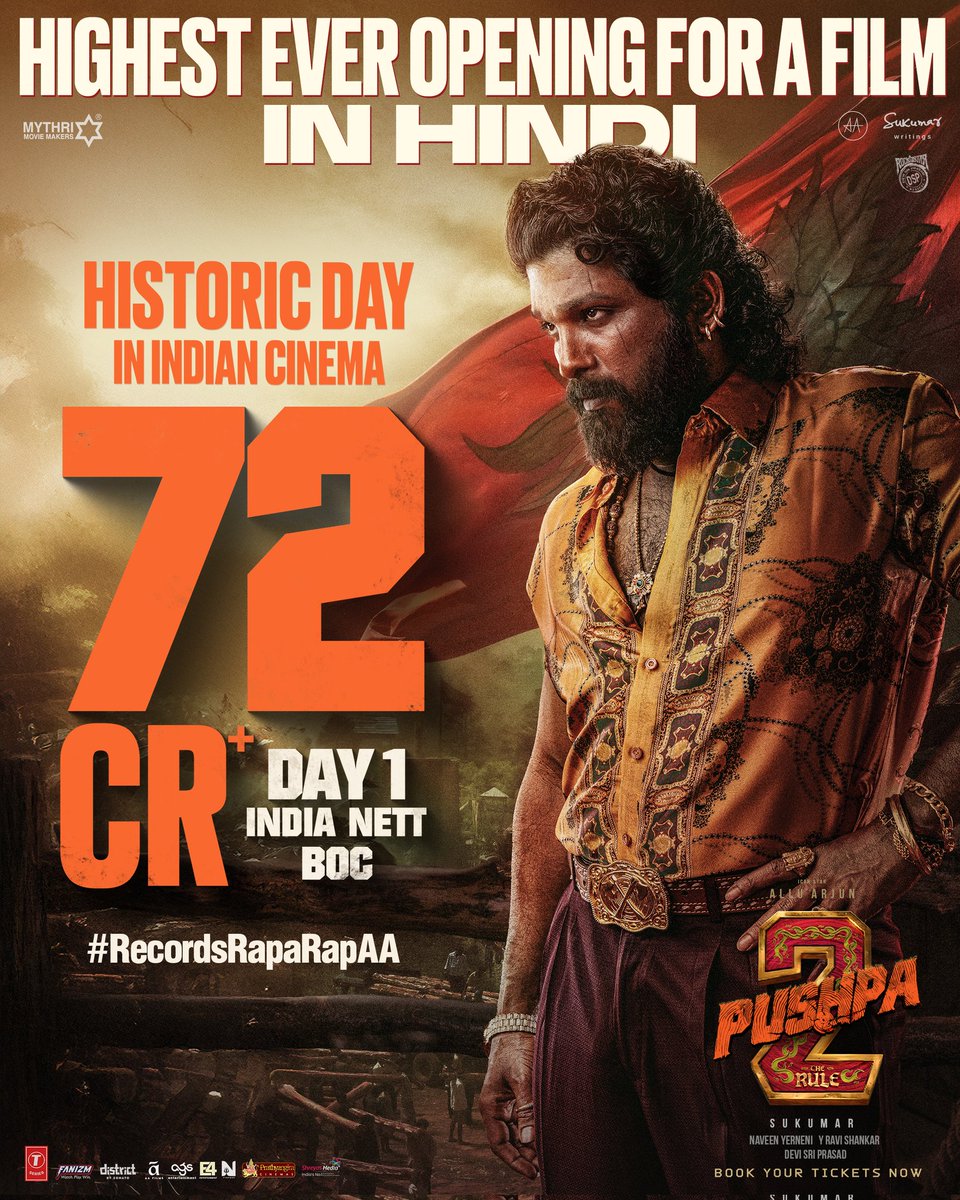 MythriOfficial's tweet photo. HISTORY MADE in INDIAN CINEMA ❤‍🔥

#Pushpa2TheRule is HIGHEST DAY 1 OPENING HINDI FILM EVER with a Nett of 72 CRORES 💥💥💥

#RecordsRapaRapAA 🔥

RULING IN CINEMAS 

Book your tickets now!
🎟️ https://t.co/JhZ8uvxpZo

#Pushpa2
#WildFirePushpa

Icon Star @alluarjun @iamRashmika @aryasukku #FahadhFaasil @ThisIsDSP @resulp @NavinNooli @OfficialSekhar @SukumarWritings @MythriOfficial @AAFilmsIndia @Ags_production @E4Emovies @NCinemasbly @MythriRelease @TSeries @Fanizm_Official @shreyasgroup @lifeindistrict