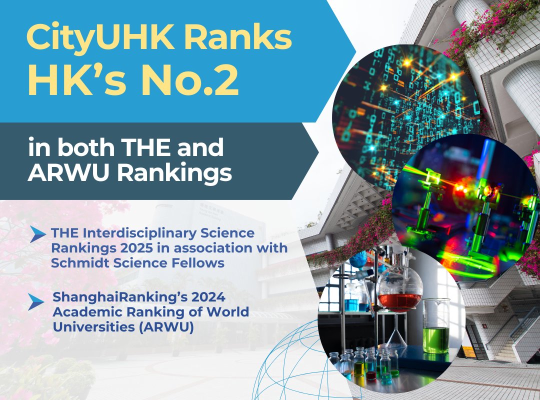 #CityUHK performed well in the latest global rankings: named HK’s No.2 in “Times Higher Education Interdisciplinary Science Rankings 2025 in association with Schmidt Science Fellows”, and the ShanghaiRanking’s “2024 Academic Ranking of World Universities”. go.cityu.hk/f78wlb