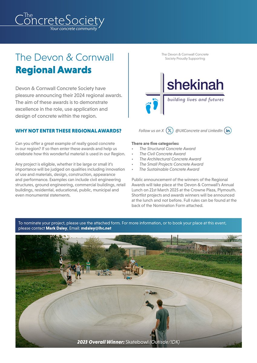 ukConcrete's tweet photo. 19 Dec - Deadline for Nominations (https://t.co/0t1QGpvwLz)

2024 The Concrete Society Devon &amp; Cornwall Regional Awards aim to demonstrate excellence in the role, use application and design of concrete within the region.

#concrete #construction #engineering #awards https://t.co/tQ23tNhOzo