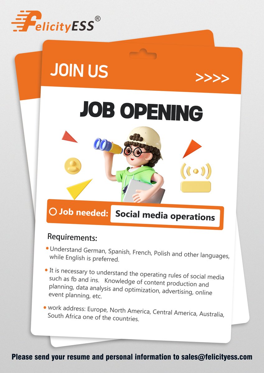 FelicityESS's tweet photo. FelicityESS Job Opening!

🍃At FelicityESS, we believe in your potential – come and show us what you can do!

Job Wanted:
Social Media Operations+Sales;
Online Customer Technical Support

Apply and Details: https://t.co/wCIHctOQOo

#lifepo4battery #solarpower #homesolar https://t.co/kiwrPUVOxu