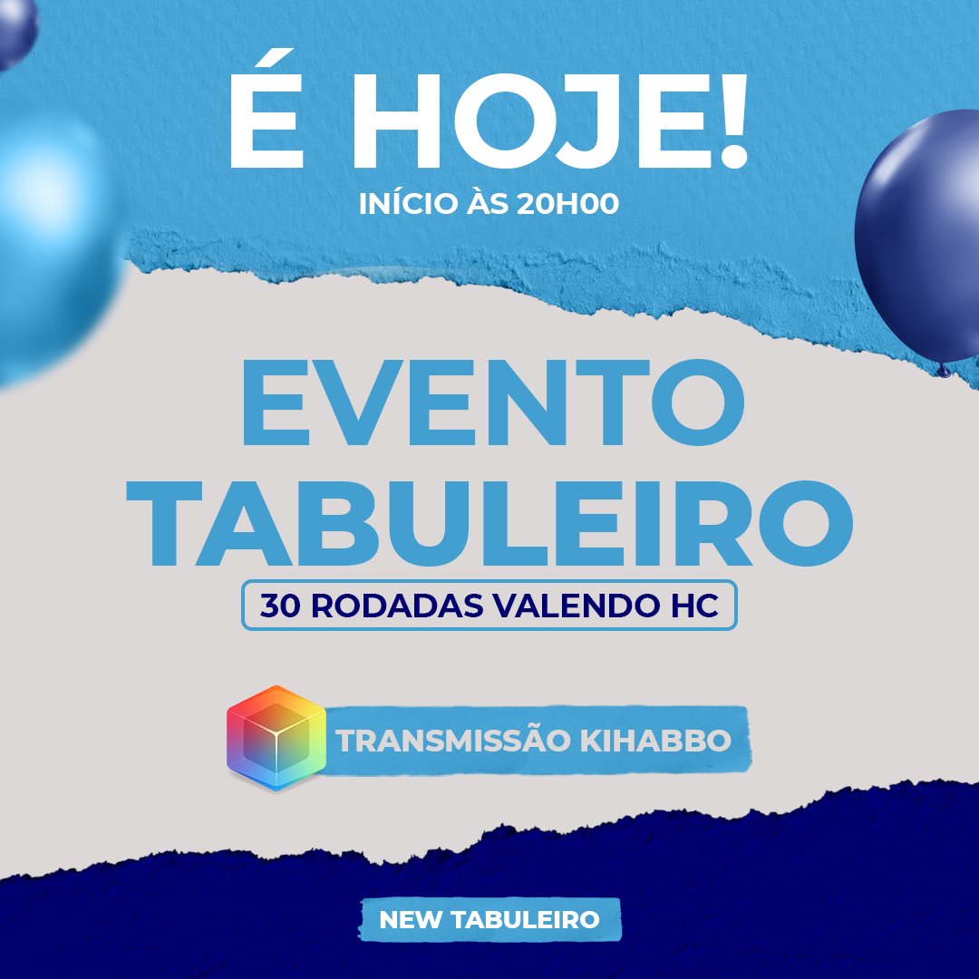 RedeNewHB's tweet photo. 🎉 Hoje é o 2° dia das comemorações do 1º aniversário do New Tabuleiro!

💙 Início: 20h (BR) | 23h (PT)  

💙 Serão realizadas 30 partidas valendo HC! 

💙 Transmissão ao vivo na @kihabbofs.

Venha se divertir com a Rede New! 🎉 https://t.co/XIna583vNp
