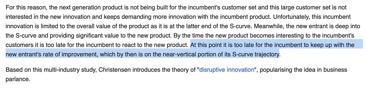 EdConwaySky's tweet photo. The key lesson from Clay Christensen is that for all sorts of deeper, systemic reasons, it is VERY VERY DIFFICULT for old, established businesses to compete with disruptive technologies.
By the time you're competing it's invariably too late. This is where we are NOW with cars https://t.co/OinevTFwgn