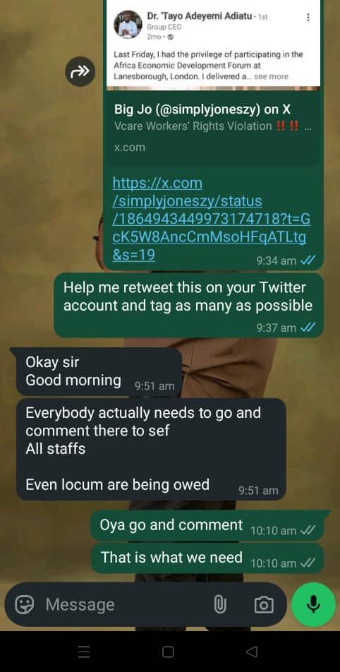 <a href="/VcareNG/">Vcare Diagnostics Limited</a> your staffs are even complaining even Locum that worked for you guys are also being owed too