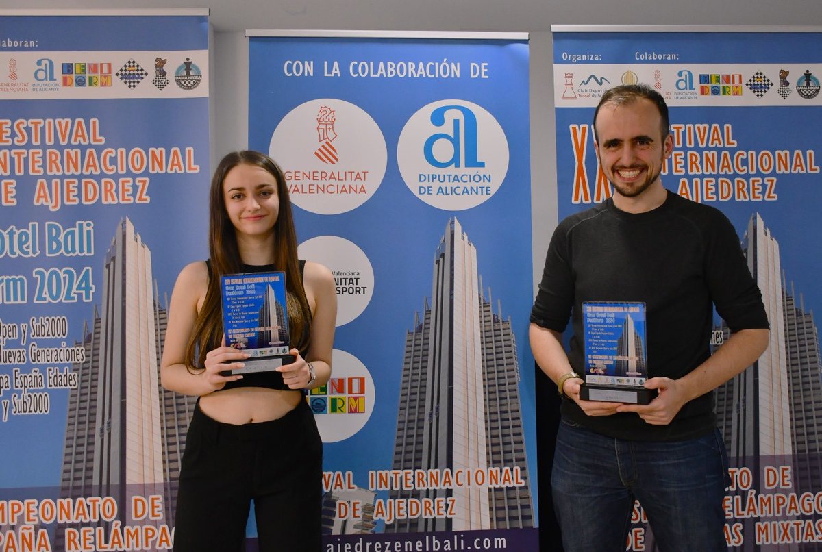 echaguen's tweet image. Enhorabuena al GM Alvar Alonso y a la WFM Rebeca Jiménez campeones de España de parejas mixtas- modalidad relámpago- en el hotel Bali de Benidorm. Segundos fueron GM Jose Ángel Guerra/Nieves San Leon y terceros FM Jose Miguel Ortega/CM Deva Estévez ⁦@AjedrezEspanola⁩