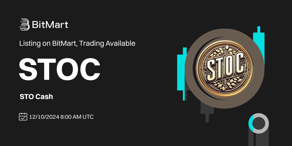 #BitMart will list STO Cash (STOC) <a href="/sto_cash/">STO Cash(STOC)</a> on our digital assets platform on December 10, 2024 🤩

💰Trading pair: STOC/USDT
💎Deposit: 12/8/2024 8:00 AM UTC
💎Trading: 12/10/2024 8:00 AM UTC

Learn more: support.bitmart.com/hc/en-us/artic…
