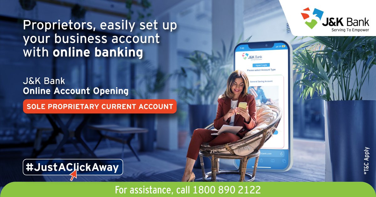 JandKBank's tweet photo. Take your enterprise to new heights with the right Sole Proprietary Current Account. Experience the convenience and benefits with J&K Bank Online Account Opening. Streamlined services and seamless banking is #JustAClickAway. Click here to proceed https://t.co/rteOKh0nsE

#JKBank #OnlineAccountOpening #SavingsAccount #Finance #Convenience #OnlineBanking