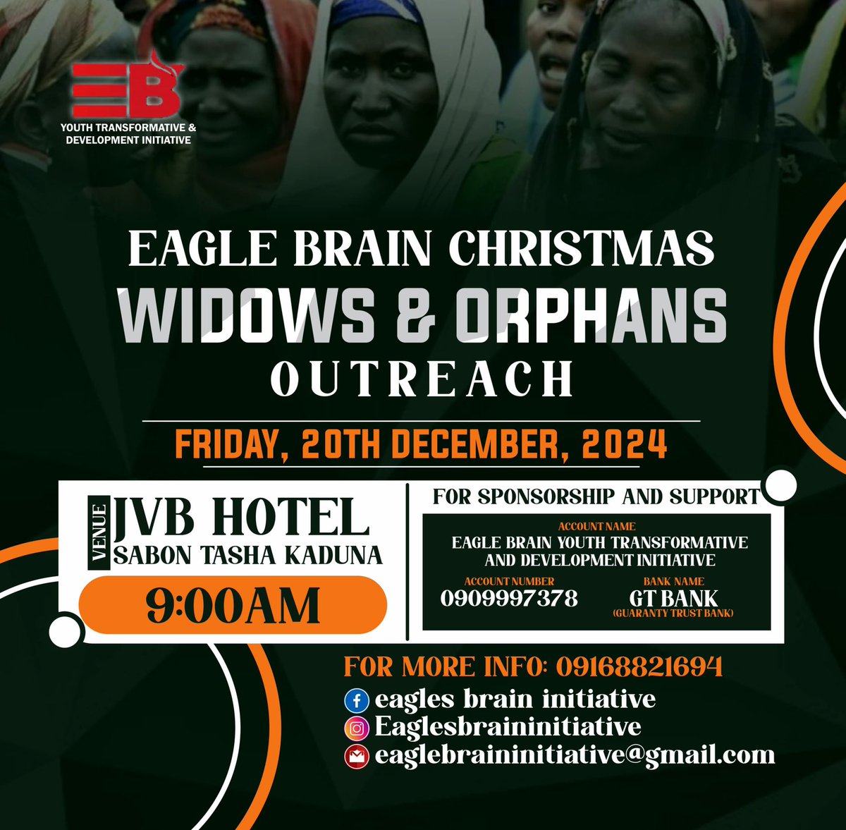 Eaglesbrain's tweet photo. Eagles Brain invites you to the Christmas Widows and Orphans Outreach happening on the 20th of December.
Venue: JVB Hotel, Sabon Tasha, Kaduna.
You can be part of the magic this Christmas by donating, volunteering or simply sharing the post.
#eaglesbrain #chrismasoutreach https://t.co/TUfqaAgjBT