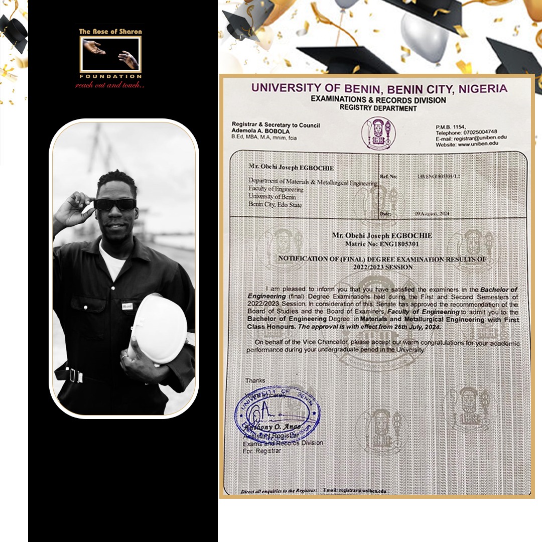 ROSFofficial's tweet photo. As a proud beneficiary of the ROSF Scholarship Programme, Obehi’s achievement reflects the impact of education and support in changing lives.

Through our scholarship, we walked this journey with him, ensuring he had the resources to excel and achieve his dreams. https://t.co/J3yiH3sA6W