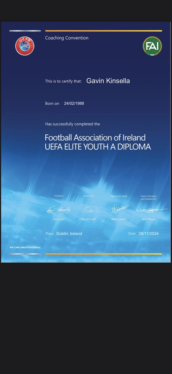 Gavin Kinsella (@gavkinsey) on Twitter photo Delighted to receive my <a href="/UEFA/">UEFA</a> Elite Youth A Licence diploma this morning from the <a href="/FAICoachDev/">FAI Coach Development</a>.Excellent course that created a learning environment that led to new ideas i can implement at my club <a href="/BallyoulsterAfc/">Ballyoulster United AFC</a> ⚽️
Thanks to <a href="/jayglynn2167/">JJ Glynn</a> <a href="/CraigSexton1/">Craig Sexton</a> <a href="/richie_fitz1/">Richard Fitzgibbon</a> Delighted to receive my <a href="/UEFA/">UEFA</a> Elite Youth A Licence diploma this morning from the <a href="/FAICoachDev/">FAI Coach Development</a>.Excellent course that created a learning environment that led to new ideas i can implement at my club <a href="/BallyoulsterAfc/">Ballyoulster United AFC</a> ⚽️
Thanks to <a href="/jayglynn2167/">JJ Glynn</a> <a href="/CraigSexton1/">Craig Sexton</a> <a href="/richie_fitz1/">Richard Fitzgibbon</a>