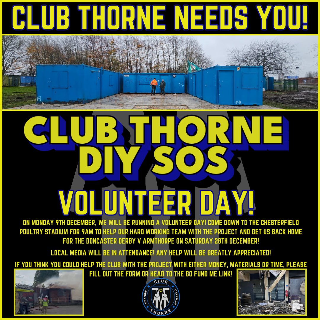 clubthornecoll's tweet image. CTC DIY SOS- Volunteer Day |

On Monday 9th December, we will be running a volunteer day at the Stadium. Anyone is welcome to come down! Local media will be in attendance 🙌

Link to our Go Fund Me- gofund.me/4eb269e5
‘How You Can Help’ form- docs.google.com/forms/d/e/1FAI…

#diysos